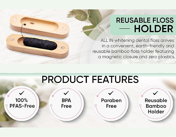 ALL IN Charcoal Floss Refills 6 x 32 Yds Each - Activated Charcoal Dental Floss Refills Only - Unique Stocking Stuffer - BPA Free, Plant Based No PFAS Mint Floss for Plaque Removal, Fresh Breath (6)
