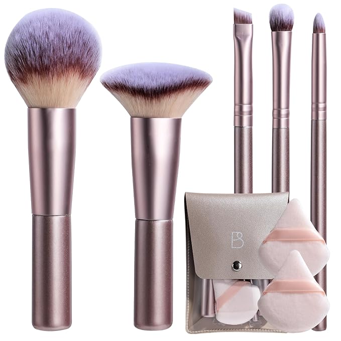 BS-MALL Travel Makeup Brushes Premium Synthetic Foundation Powder Concealers Eye Shadows 7 PCS with Triangle Puff & Storage Bag (Bright pink)