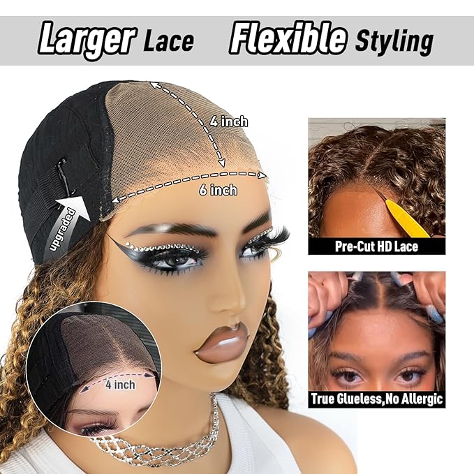 Balayage Highlight Wear and Go Glueless Wig for Beginners 26 inch, Kinky Curly Glueless Wigs Human Hair Pre Plucked Pre Cut Ombre Blonde 4/27, 6x4 HD Lace Front Wig for Black Women 200% Density