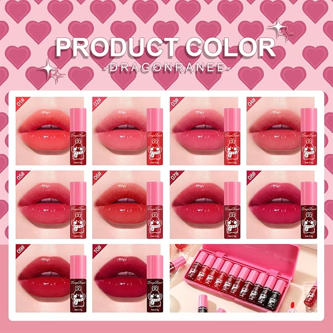 Eakroo 10 Colors Lip Tint Stain Set, Korean Lip Gloss Watery Lip Stain Moisturizing Mini Liquid Lipstick Set, Multi-Use Lip and Cheek Tint, Non-Stick Cup, High Pigment, Long-Lasting, Vivid Color