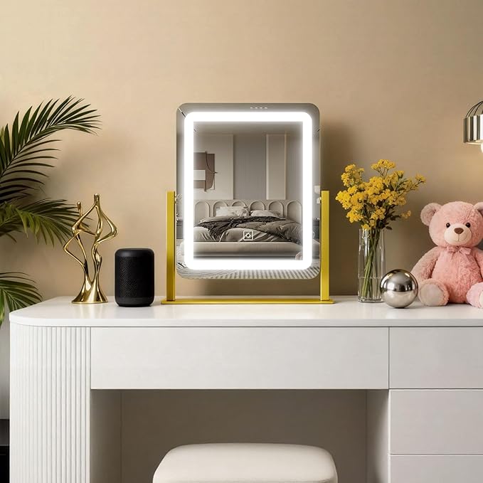 HNV 15"x13" Gold Vanity Mirror with Lights, Small LED Makeup Mirror for Desk, 3 Color Modes & Dimmable Touch Control, 360° Rotation Metal Frame, USB Plug-in Lighted Mirror for Bedroom, Dorm, Teen Gift