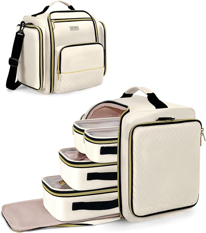 BAFAMYE Large Travel Makeup Bag - Cosmetic Organizer with 4 Removable Inner Pockets, Multi-functional Toiletry Bag for Accessories & Brushes, Women's Beauty Case, Beige