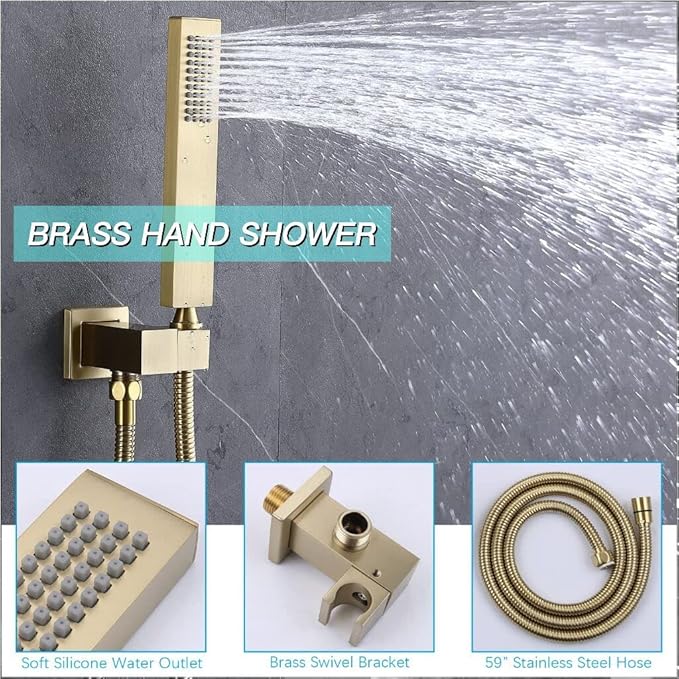 KATAIS Shower System with 12X35 inch Overshower and Dual Side ShowerHead(8 inch), 4 PCS Body Jet and HandHeld Spray, Dual Thermostatic Valve Kit Can Achieve 8 Shower Functions, Brushed Gold