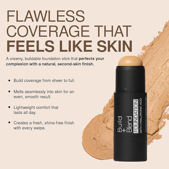 Palladio BUILD & BLEND Foundation Stick, Medium Coverage Buildable Contour Stick for Face, Ultra Blendable Creamy Formula for a Natural Shine Free Finish, Natural Beige