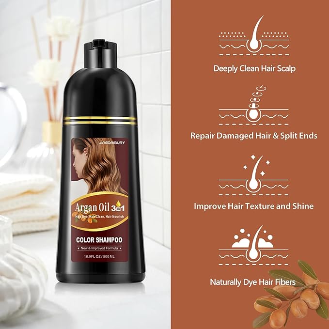 Hair Dye Shampoo 3 in 1, Argan Oil Dark Wine Red Hair Dye for Men & Women, Burgundy Hair Dye Shampoo, Easy to Use, Shampoo Para Canas for Gray Hair Coverage, 16.9 FlOz (Dark wine red)