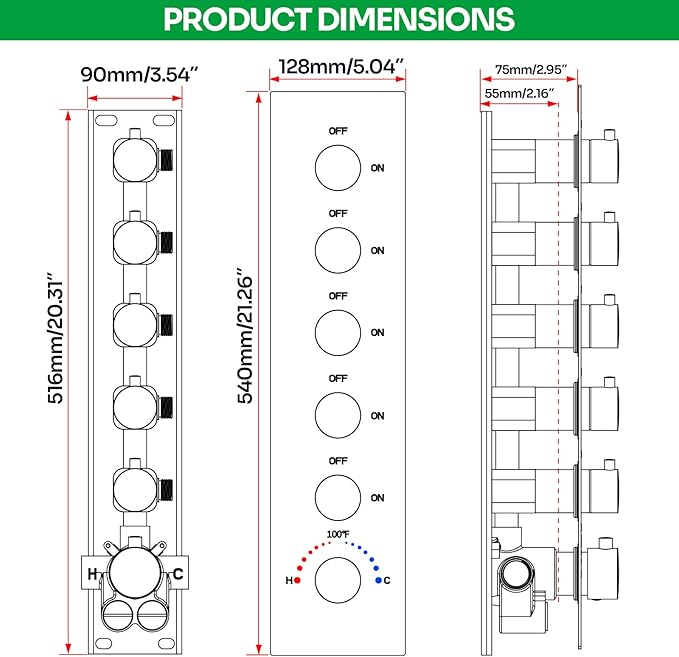 HOMEDEC Luxury Dual Shower System for Couples, 15x28" Rain 4-Function and Dual 6" Side Wall Mounted Shower Heads, with 5-Way Diverter Valves, Black