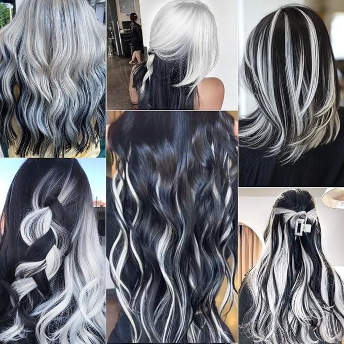 Colored Hair Extensions 14 PCS, 22 In Black and White Clip in Hair Extensions Party Highlights, White Black Long Straight Synthetic Hairpieces for Girls Women Kids Gift(Black White)