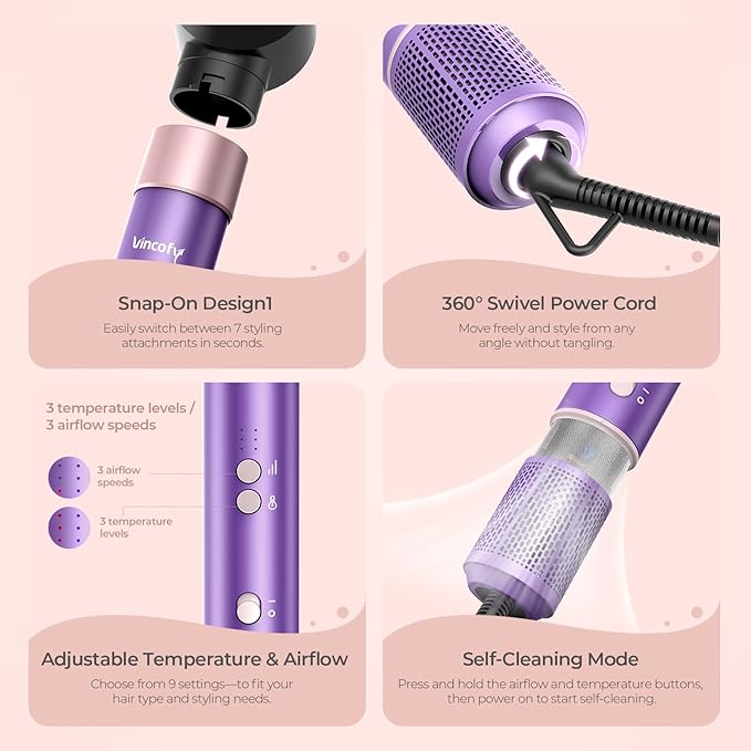 7-in-1 Hair Dryer Brush and 1500W Hair Styler Set – Fast Drying, Curling, Straightening & Volumizing – Hot Air Styling Tool with No Heat Damage – for All Hair Types – Purple
