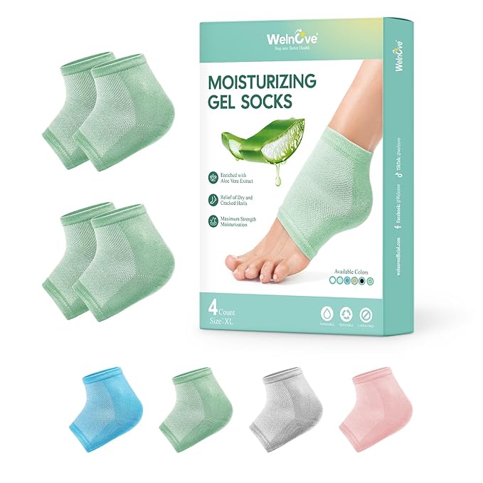 Welnove Moisturizing Heel Socks - 2 Pairs Aloe Vera Extract Infused Gel Lining for Dry Feet - Cracked Heel Repair Treatment - Cotton Socks for Women Men Foot Care (Green, Extra Large)