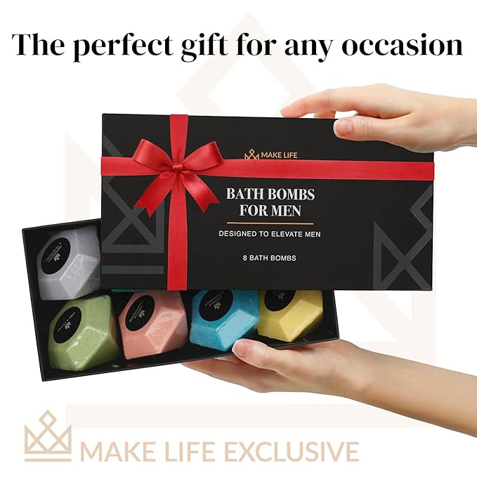 Bath Bombs for Men – 8 Large Diamond Shape Natural Mens Bath Bombs | Relaxing Bubble Bath Set & Bubble Bath Balls for Men | Masculine Scents & Skin Soothing Gift Set