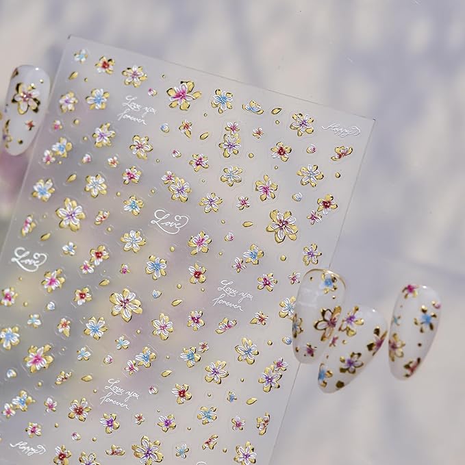Spring Nail Stickers 5D Embossed Flower Nail Art Stickers Decals with Gold Daisy Floral Design Nail Supplies Self-Adhesive Nail Stickers for Spring Nail Art for Women Manicure Decorations