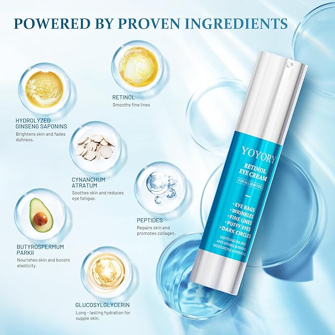 YOYORY Retinol Eye Cream for Eye Bags - Anti-Aging Under Eye Treatment for Dark Circles, Wrinkles,Fine Lines, Puffiness - Hydrating & Moisturizing Skin Care Gift for Men and Women 0.67 fl oz