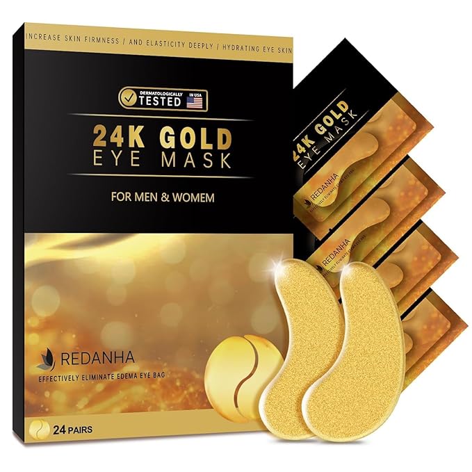 REDANHA 24 Pairs 24K Gold Under Eye Patches Face Masks Dark Circles Puffy Eye Bags Collagen Skincare Spa Trip Gift Eye Mask