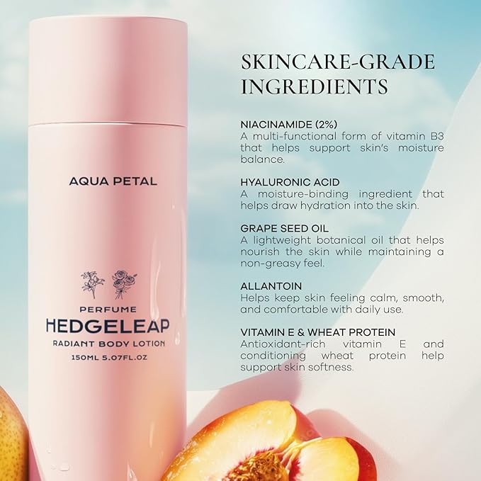 HedgeLeap Scented Body Lotion – Fragrance Moisturizer Cream Hydrating Formula Fruity-Floral Perfume Scent | 2% Niacinamide & Hyaluronic Acid | Aqua Petal, 150 ml