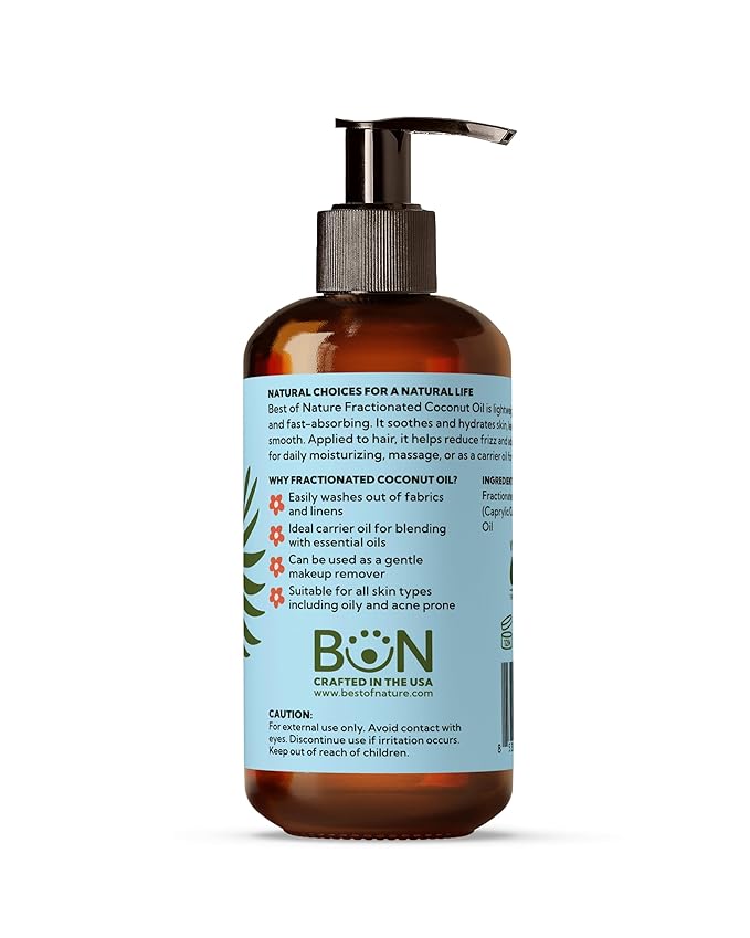 Best of Nature 100% Pure Fractionated Coconut Oil - Natural Massage Oil, Unscented Moisturizer for Men and Women, for Skincare and Hair Care, Carrier for Essential Oils and Aromatherapy, 8 oz