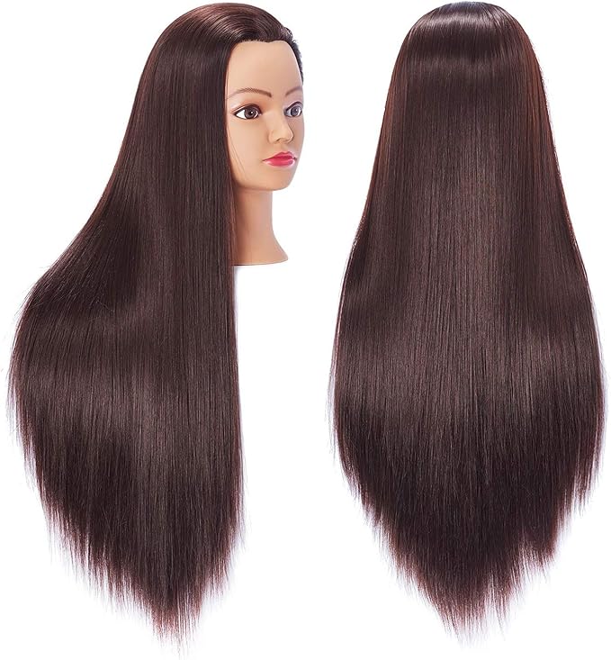 Hairingrid 26"-28" Mannequin Head Hair Styling Training Head Manikin Cosmetology Doll Head Synthetic Fiber Hair and Free Clamp Holder Stand (Dark brown)