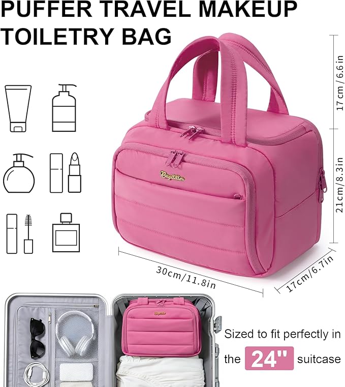 Bagstellar Travel Toiletry Bag, Lightweight Wide-open Large Puffy Toiletry Bag for Women, Quilted Makeup Bag Organizer Water-resistant Cosmetic Bag with Handle for Toiletries, Essentials, Accessories