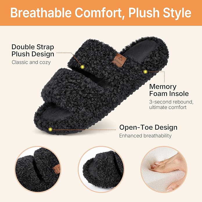 ATHMILE House Slippers for Women with Platform Memory Foam Arch Support Open Toe, Fuzzy Fluffy Cozy Womens Slippers for Home Indoor Outdoor Bedroom Ladies Christmas Gifts Pantuflas Para Mujer