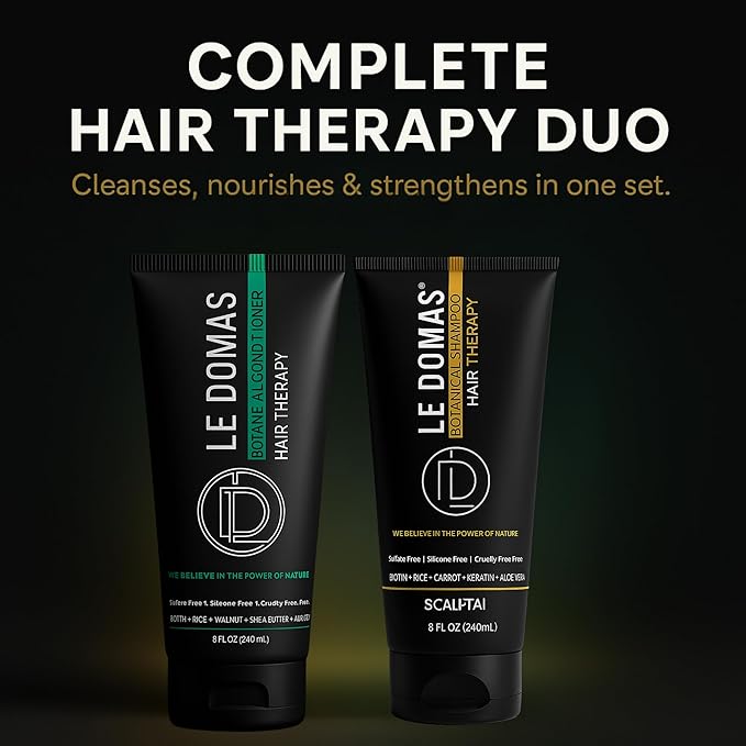 LE DOMAS Botanical Shampoo and Conditioner Set – Sulfate Free Natural Therapy with Biotin, Aloe Vera & Rice - Moisturizing Hair Growth & Repair Formula for Dry, Curly & Color Treated Hair, 8oz Each