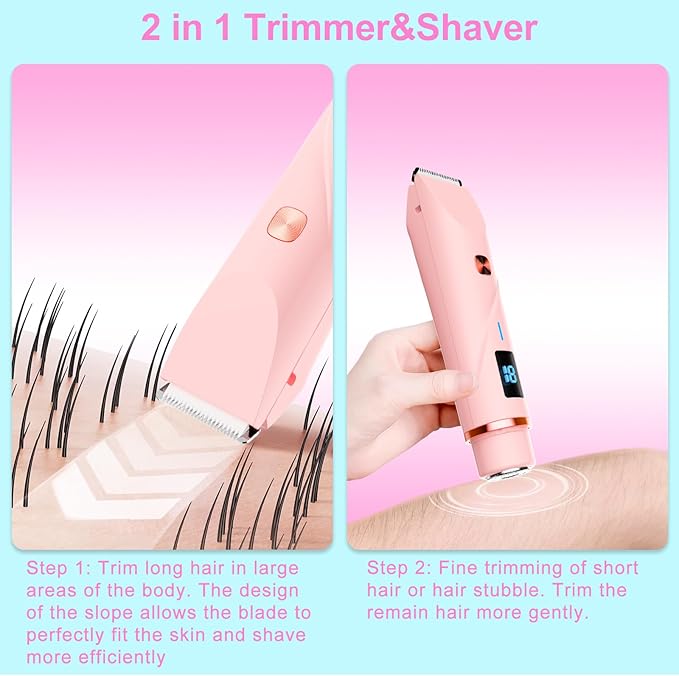 Bikini Trimmer for Women, 2 in 1 Electric Razors for Women Pubic Hair, IPX7 Waterproof Dual Head Bikini Shaver with LED Display, Rechargeable Electric Trimmer (Blue)