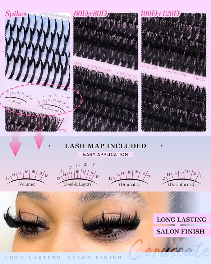 CORUSCATE Lash Clusters Kit 464pcs Wispy Lash Clusters with Spikes 60D+80D+100D+120D Eyelash Clusters Kit Thick Cluster Eyelash Extensions Mega Individual Lashes Spike Mink Lash Bond and Seal Glue