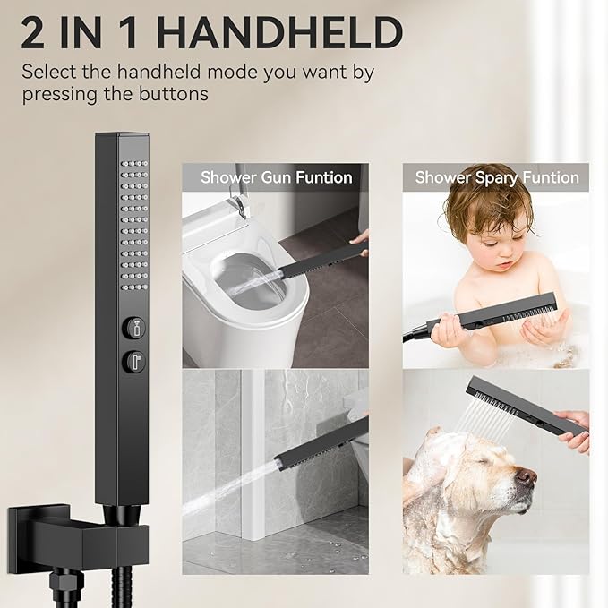 Shower Faucet Set, 12" Shower System with Rain Shower and Handheld, Ceiling Mount Dual Head Can Run All Together For Two People, 3 Way Shower Valve with 5 Diverter Complete, Matte Black