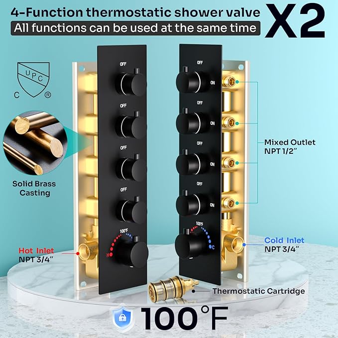 HOMEDEC Luxury Dual Shower System for Couples, LED 14x20" 2-Function and Dual 6" Side Wall Mounted Shower Heads, with 4-Way Diverter Valves, Black