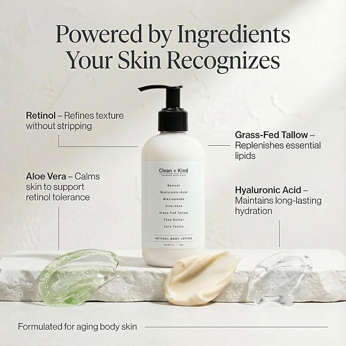 Clean + Kind Firming Retinol Body Lotion for Wrinkles & Crepey Skin – Anti-Aging Moisturizer with Hyaluronic Acid, Niacinamide, Aloe Vera, Shea Butter & Grass-Fed Tallow Skincare