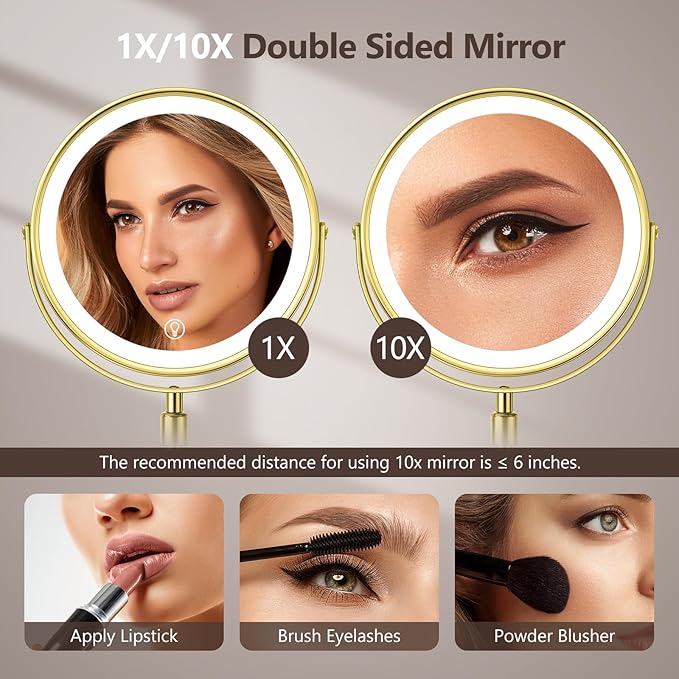 10X Large Lighted Makeup Mirror, Rechargeable 8" Height Adjustable Vanity Mirror, 1x/10x Magnifying Mirror with 3 Color, Brightness Adjustable, 360° Rotation Double Sided Mirror, Ideal Gift(Gold)