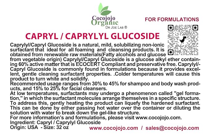 Dr Joe Lab Capryl Glucoside Liquid Surfactant - Caprylyl Natural, Plant Derived - DIY Skin Care - Shower Gels, Foaming, Body Soap, Shampoos Baby Products Face Cleansers - COCOJOJO - 32 Oz