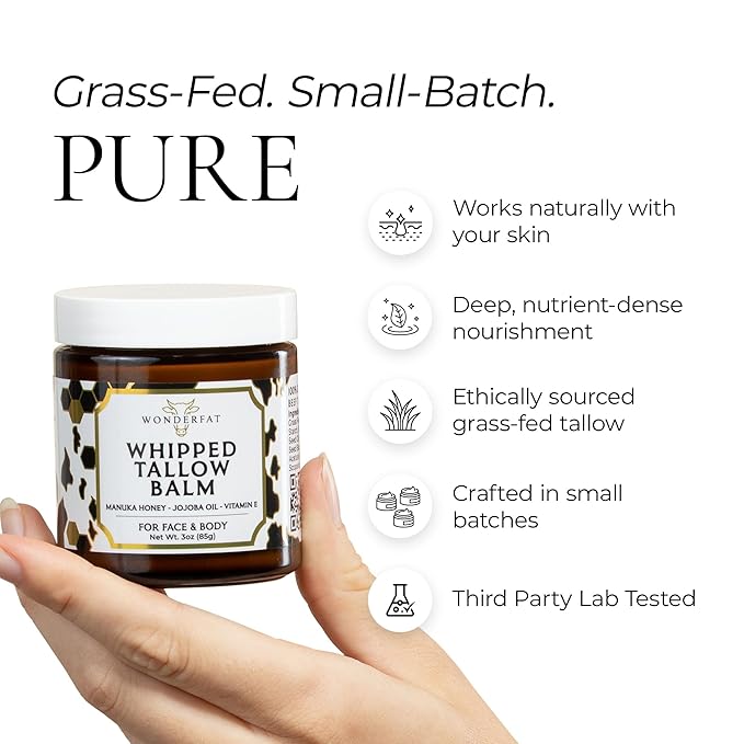 Wonderfat - Grass-Fed Whipped Tallow Balm – Face & Body Moisturizer with Manuka Honey – Lightweight, Fast-Absorbing Hydration for Dry, Sensitive Skin – Unscented, Clean Formula – 3 oz
