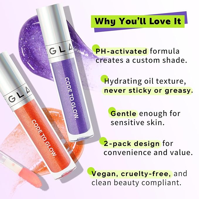 Glam Code Lip Gloss Set – Color-Changing Lip Gloss for Daily Glow – Glossy Lip Oil with Vitamin E & Shea Butter for Deep Hydration Lightweight, Non-Sticky & Sensitive Skin Friendly