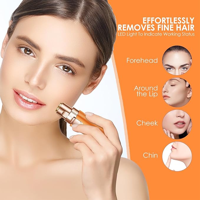 VG VOGCREST Eyebrow Facial Trimmer: 2 in1 Rechargeable Facial Hair Removal and Eyebrow Shaver - Face Lips Body Painless Razor with Built-in LED Light (Orange)