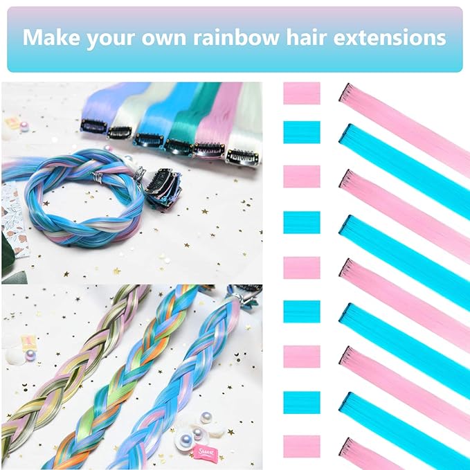 22 Inch Colored Hair Extensions 10 PCS, Colorful Party Highlights Clip in Synthetic Hair Extensions, Sky Blue/Light Pink Hairpieces for Women Party Cosplay Gifts