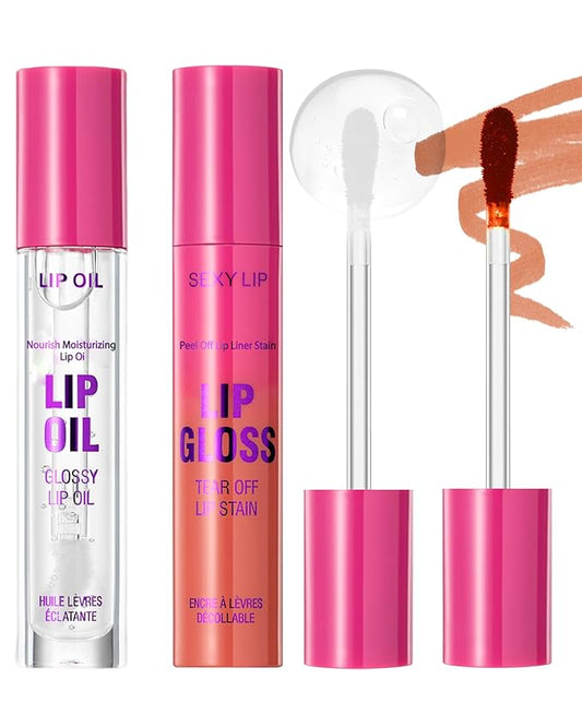 Nude Brown Peel off Lip Stain Oil Set,Matte Long Lasting Waterproof Lip Liner Stain Tattoo Peel off,Nourish Non-Sticky Glossy Clear Lipgloss, Natural High Pigment,Transfer-Proof Lip Combo for Women-03