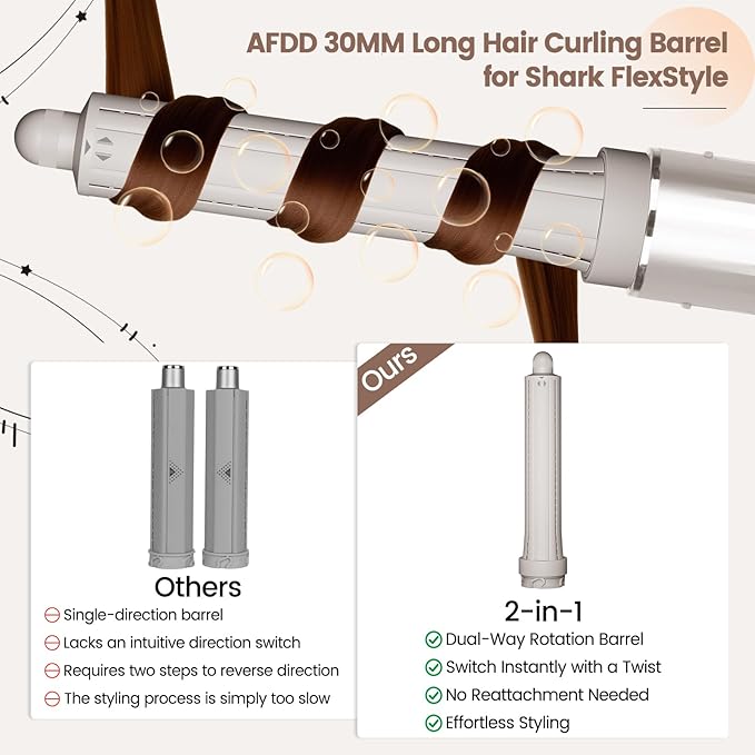 1.2in Long Hair Curling Barrel Attachment Compatible with Shark FlexStyle, Self-Curling Accessories for Shark Flex Style HD400 Series with Both Curl Directions for Defined Curls