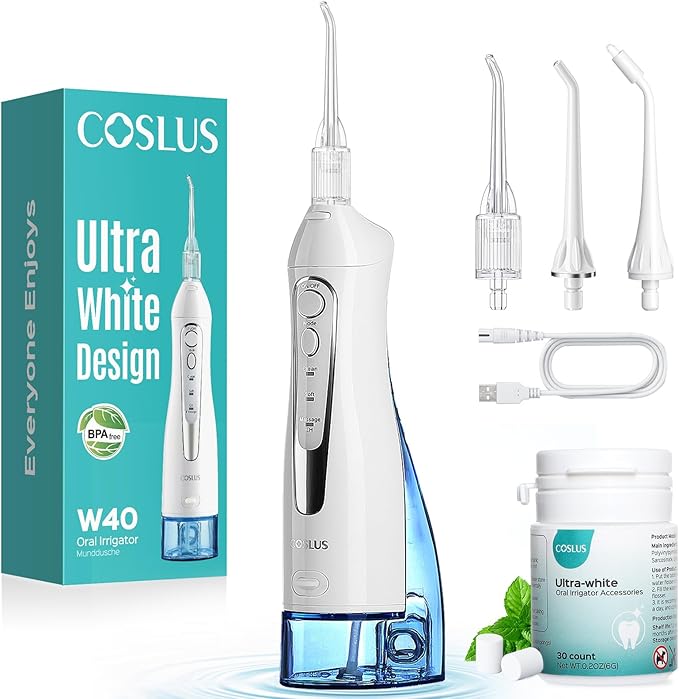 COSLUS Water Flosser Pick with 30pcs Whitening Mint Flavor Refill Combo for Teeth, Braces, Gums Care - Easy to Use, Portable for Travel & Coffee Lovers, Rechargeable, BPA-Free, White, W40(F5020E)