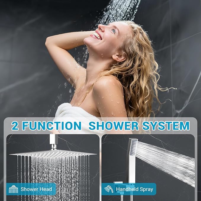 IUERASD Ceiling Mount Shower Faucet Set Square Showerhead Bathroom Rainfall Shower System Stainless Steel Shower Trim Kit 10 Inches (Chrome)