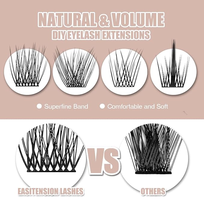 DIY Eyelash Extension, 3D Effect Glue Bonded Band Individual Lash 48 Clusters Volume Lashes Set, Home Eyelash Extension, C curl Lashes Pack 10MM-48 Clusters