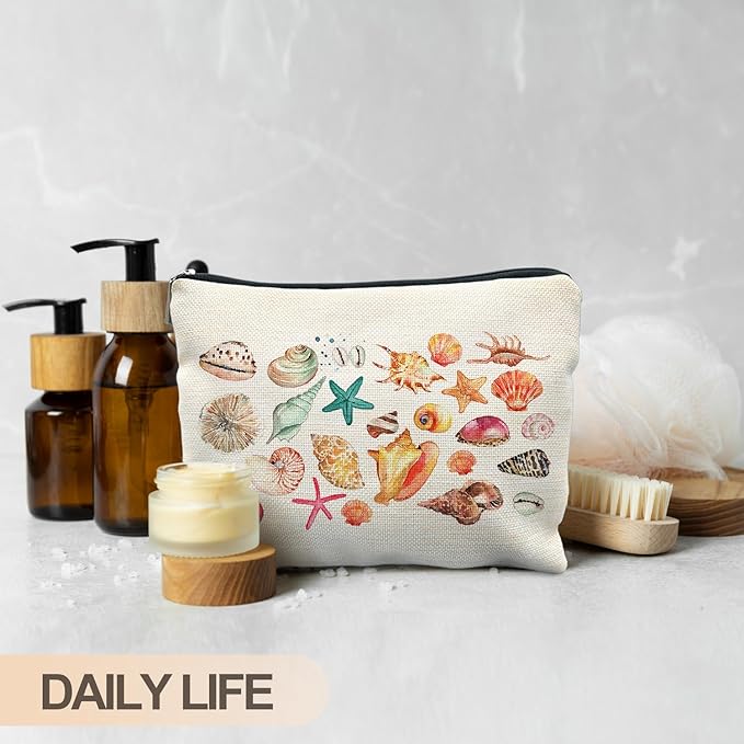 RYYCDOI Coastal Beach Makeup Bag, Ocean Beach Themed Gifts Cosmetic Bags for Women, Gifts for Ocean Lovers, Colorful Seashell Starfish Beachy Zipper Makeup Pouch