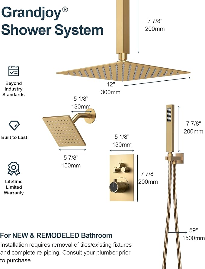 GRANDJOY Thermostatic Shower System, Dual Rainfall Shower Heads for Ceilling & Wall Mounted with Handheld Sprayer, Brushed Gold