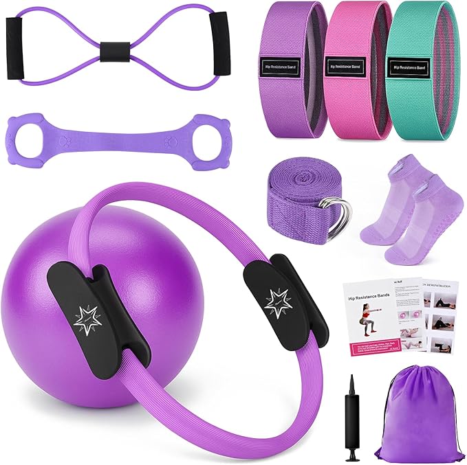 Pilates Ring Set, Pilates Essentials Kit for Home Workouts Women, Yoga Equipment Set with 14 Inch Magic Circle, 9.8” Ball, 5 Resistance Bands, 3 Long Stretch Bands, Core Sliders, Non-slip Socks