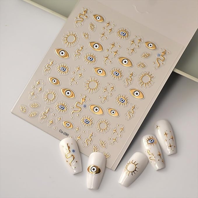 Gold Nail Art Stickers 5D Embossed Star Nail Decals for Nail Art Designs Gold Eyes Nail Stickers Decals Self Adhesive Star Moon Nails Supplies for Women Girls DIY Nail Decorations