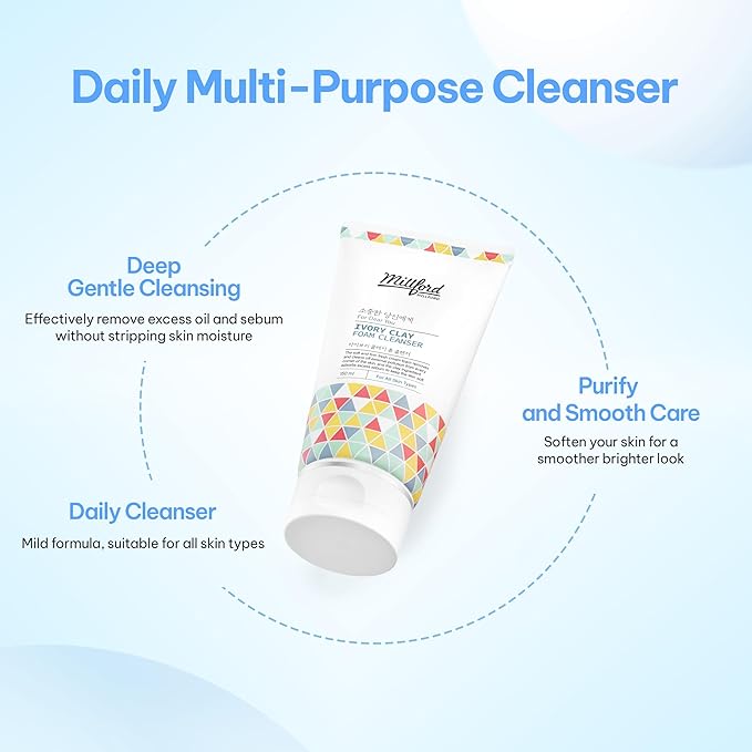 Millford Ivory Clay Foam Cleanser 150ml/5.1 fl.oz – Deep Pore Cleansing Facial Wash, Kaolin Clay + Glycerin Formula for Sebum Control, Oil Balance & Enlarged Pores, Korean Skincare for All Skin Types