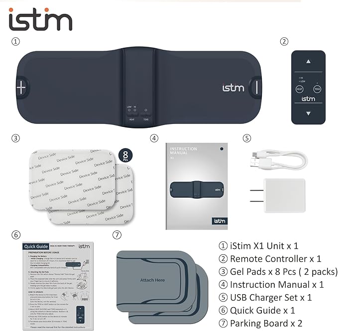iStim X1 Wireless Heat TENS Unit Muscle Stimulator for Back Pain Relief - Rechargeable Massager with Remote Control,15 Intensity and Japanese Gel Pads