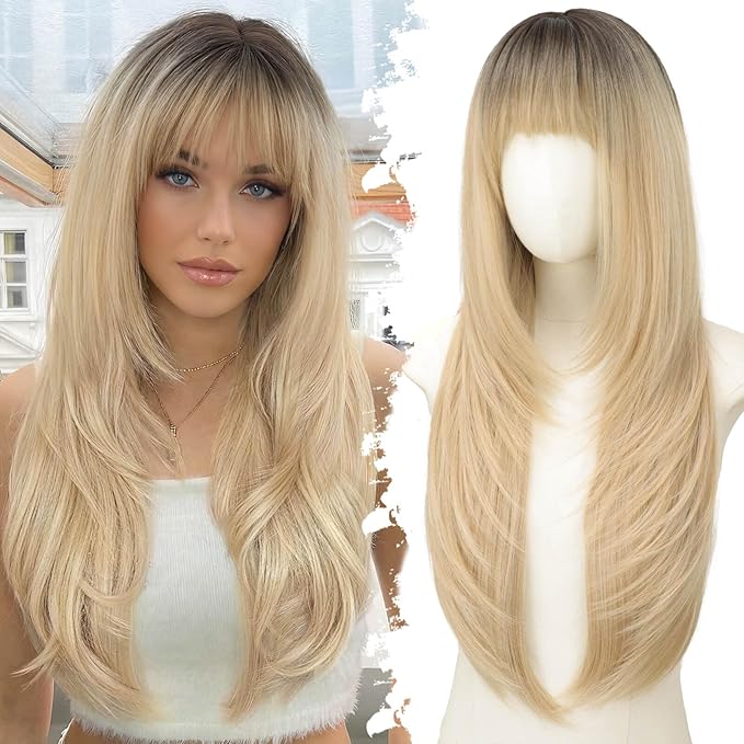 Long Ombre Blonde Wig with Bangs for Women,4x4 Realistic Scalp,Free Parting,Layered Hairstyle Synthetic Heat Resistant for Daily Party Use 26 inch