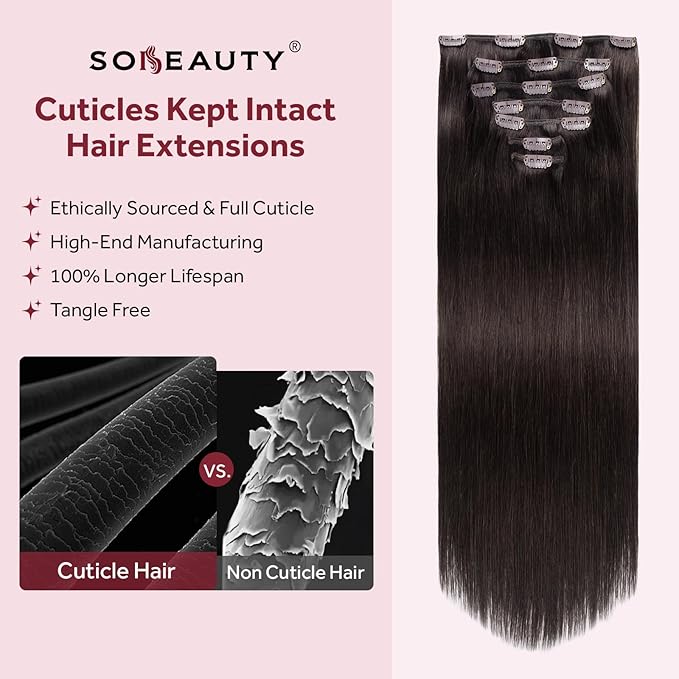 Clip in Hair Extensions Real Human Hair, Remy Human Hair Clip in Extensions for Long Hair, Dark Brown Straight Hair Extensions Add Volum add Length #2 18Inch 120G 7PCS