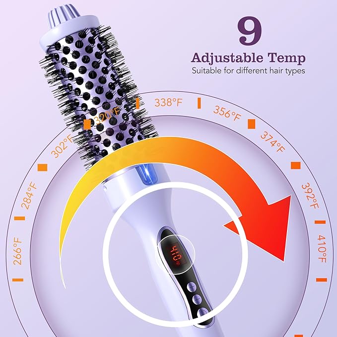 Thermal Brush, 1.5 inch Heated Round Brush Hair Curling Brush for Natural Curl, Straightener and Curler 2 in 1, Negative Ion Technology, 9 Temperature Settings, Dual Voltage for Travel, Purple