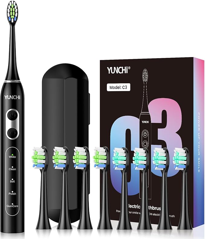 YUNCHI Electric Toothbrush Birthday/Valentine Plastic 8 Heads 24-Mo Deep Cleans Gentle Gums Removes Stains 3Hr USB-C 90d 2-Min Timer/30s IPX7 - Black