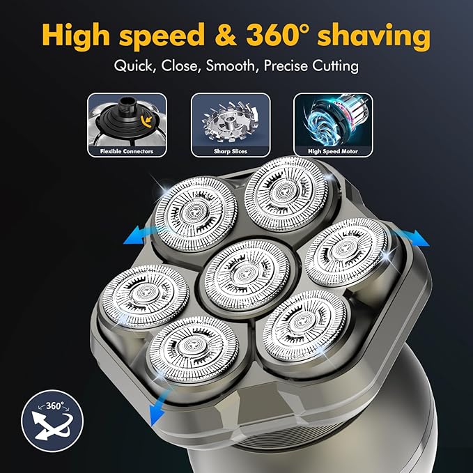 7D Head Shavers for Bald Men: 6 in 1 Detachable Bald Head Shavers - IPX7 Waterproof Wet Dry Electric Razor for Men- LED Display Shaving Grooming Kit with Type-C Charge
